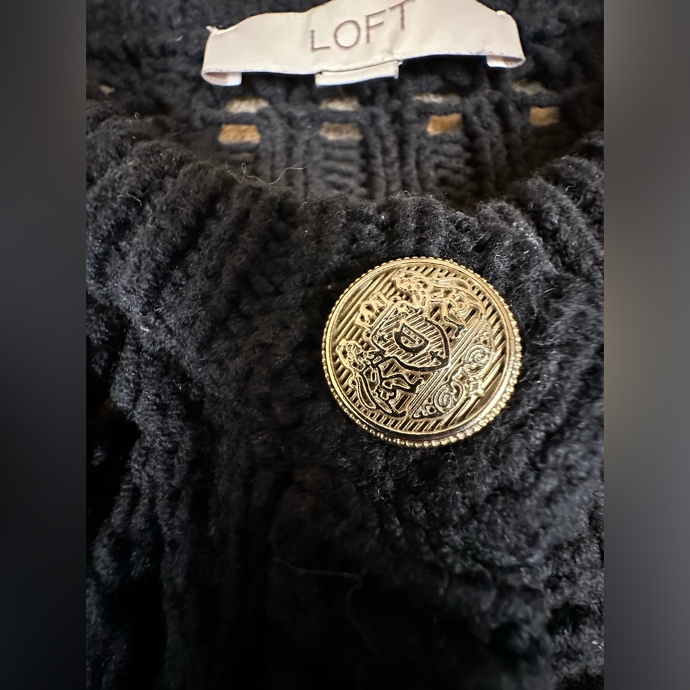LOFT Women’s XS Black Open Stitch Knit Cardigan Button Front Sweater Crew Neck - Picture 10 of 12